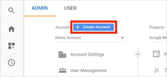 Klik op het tabblad Beheerder in uw Google Analytics-account op Account maken.