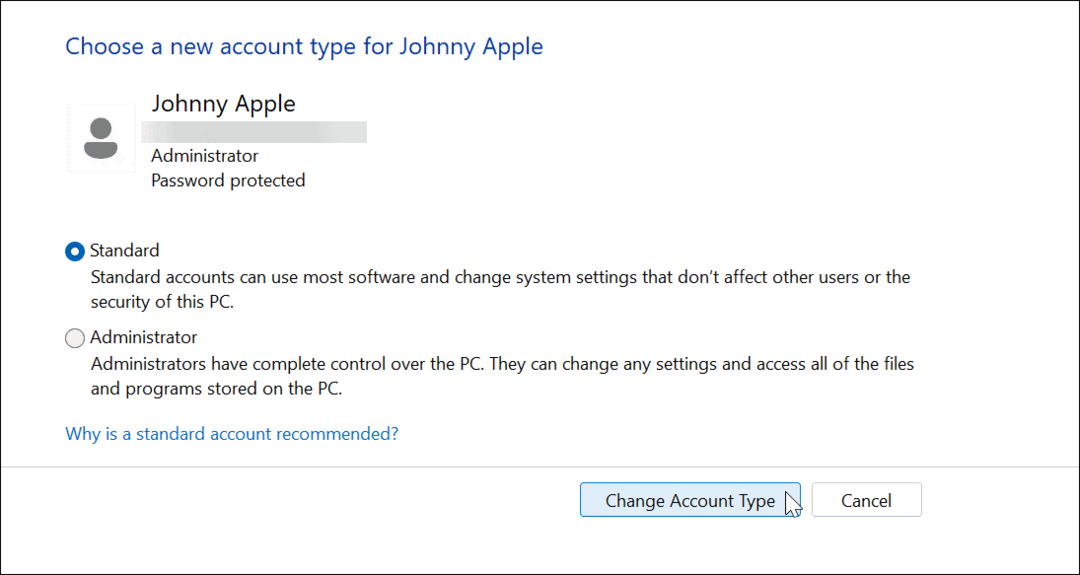 Accounttype wijzigen op Windows 11