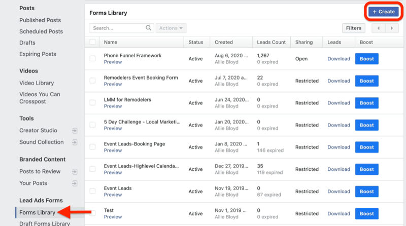 menu met publicatietools van Facebook-manager met formulierenbibliotheek gemarkeerd onder formulieren voor hoofdadvertenties met de knop Maken gemarkeerd