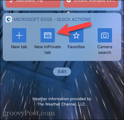 Tik op Nieuw InPrivate-tabblad op Edge-widget op iOS