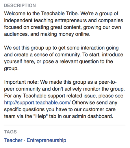 In de beschrijving van de Facebook-groep stelt Teachable direct dat zijn Facebook-groep gaat over het creëren van een community.