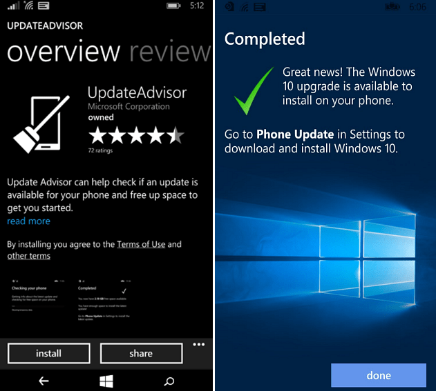 update en upgrade advisor-apps Windows Phone