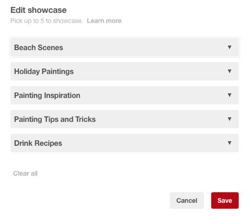 Kies vijf Pinterest-borden om op te nemen in je showcase op de voorpagina.