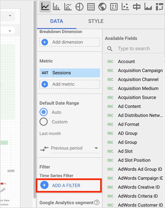 Klik in het componenteigenschappenvenster op de optie Filter toevoegen op het tabblad Gegevens.