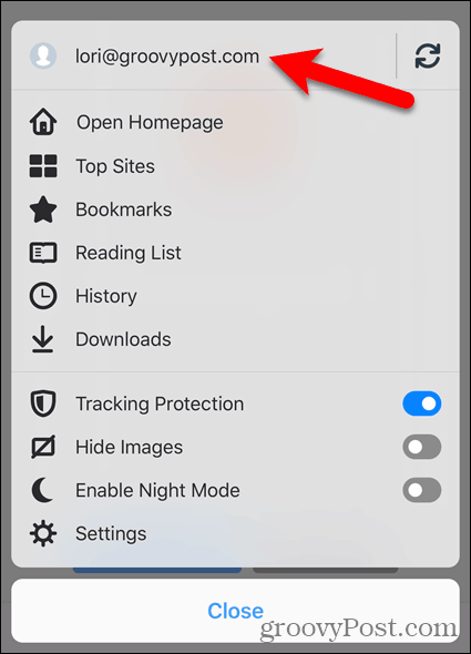 Tik op uw accountnaam in Firefox voor iOS