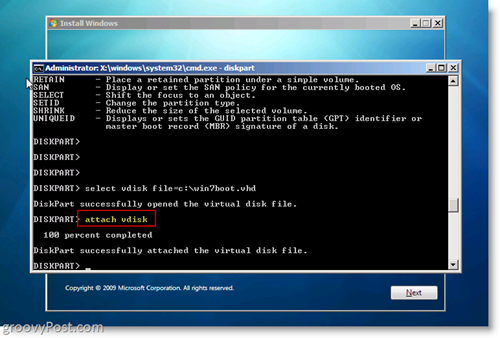 Windows 7 Native VHD Installeer Dual Boot Attach VHD vanaf CMD Prompt