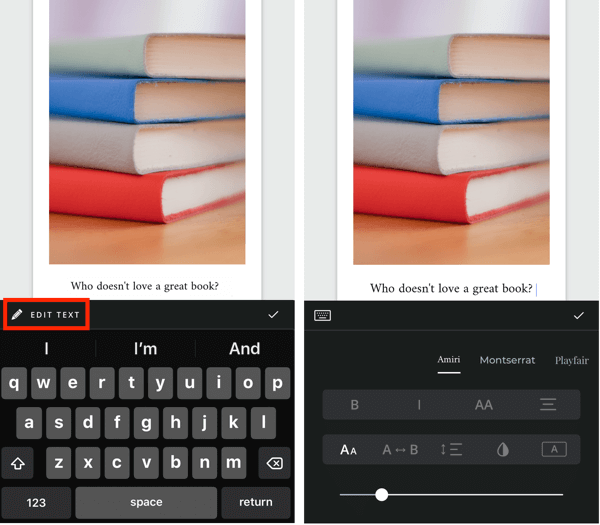 Maak een Unfold Instagram-verhaal stap 5 met opties voor het bewerken van tekst.