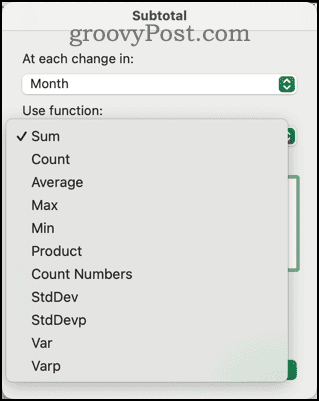 Verschillende functies beschikbaar in het subtotaaldialoogvenster in Excel