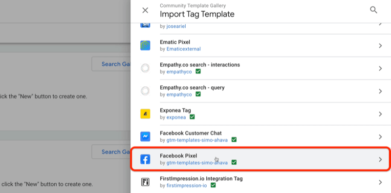 google tag manager community sjabloongalerij tag-sjabloonmenu importeren met voorbeeldsjablonen van ematic pixel, exponea-tag, facebook-klantchat, onder andere met facebook-pixel gemarkeerd