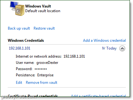 een opgeslagen referentie kan worden bewerkt vanuit Windows 7 Vault