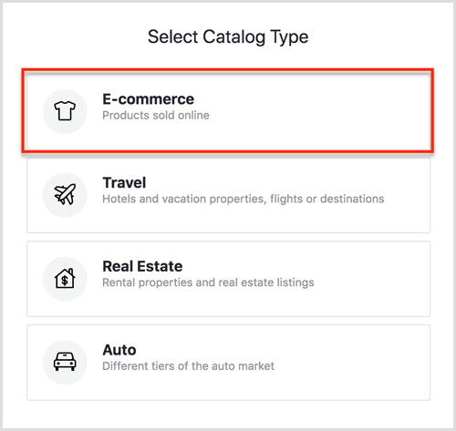 Selecteer Catalog Type-opties in Facebook Catalog Manager