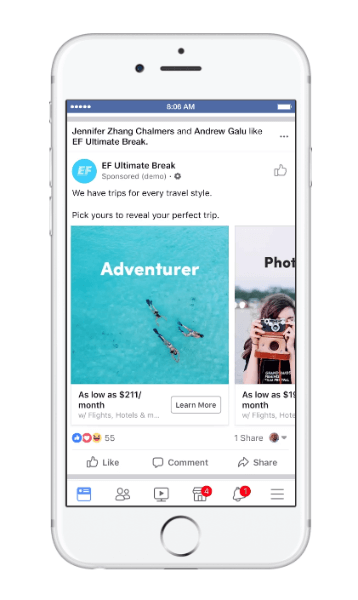 Facebook heeft een nieuw type dymanische advertentie voor reizen uitgerold, genaamd reisoverweging.