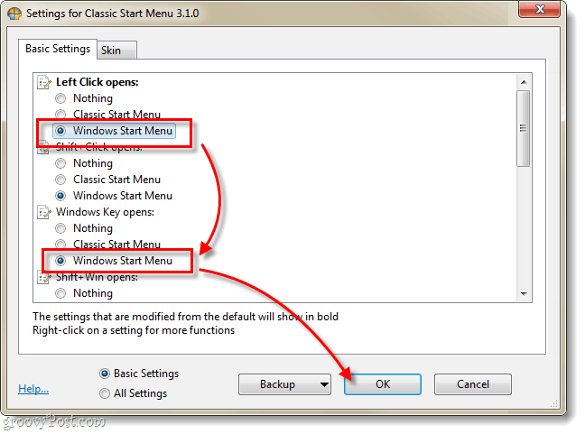 klassieke shell, Windows start menu-instellingen