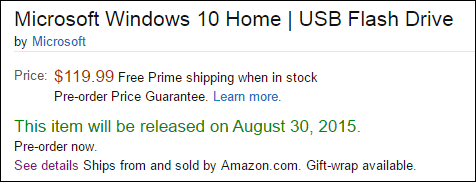 Pre-order Windows 10 Retail USB Flash Drive bij Amazon