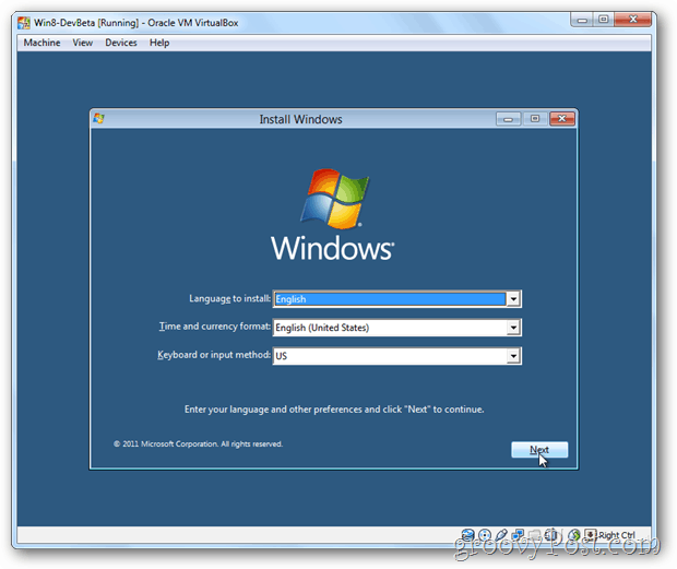 VirtualBox Windows 8 installatiemenu