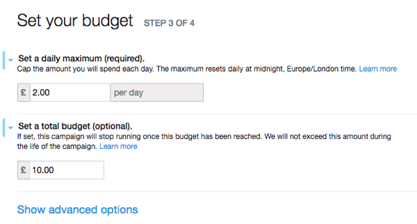 Stel het budget van uw Twitter-advertentie in.