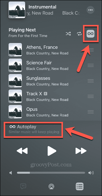 Apple Music autoplay-pictogram aan