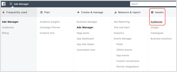Dashboard van Facebook Ads Manager-doelgroepen