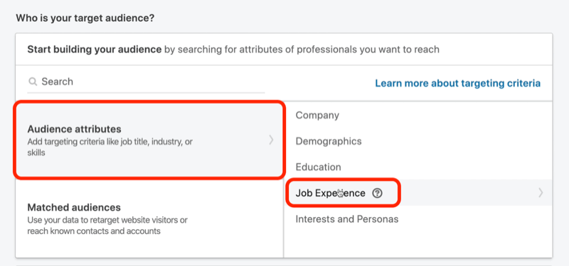 screenshot van Wie is uw publiek? sectie in de LinkedIn-campagne-instellingen