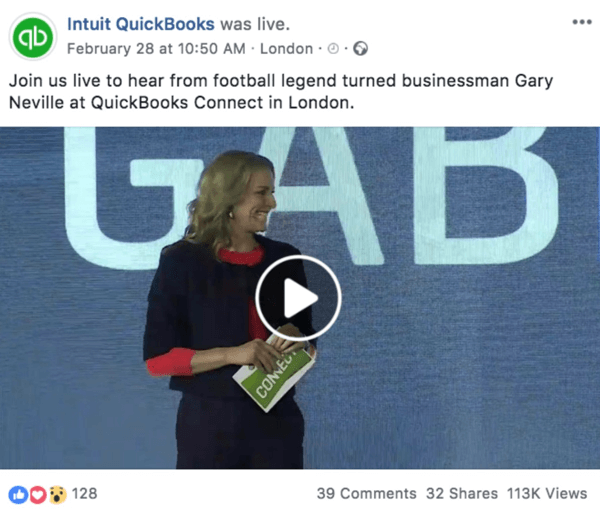 Voorbeeld van een Facebook-bericht waarin een aanstaande live-video van Intuit Quickooks wordt aangekondigd.