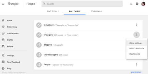 nieuwe toegang tot Google Plus Circle-instellingen