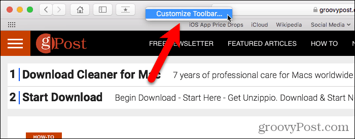 Selecteer Werkbalk aanpassen in Safari voor Mac