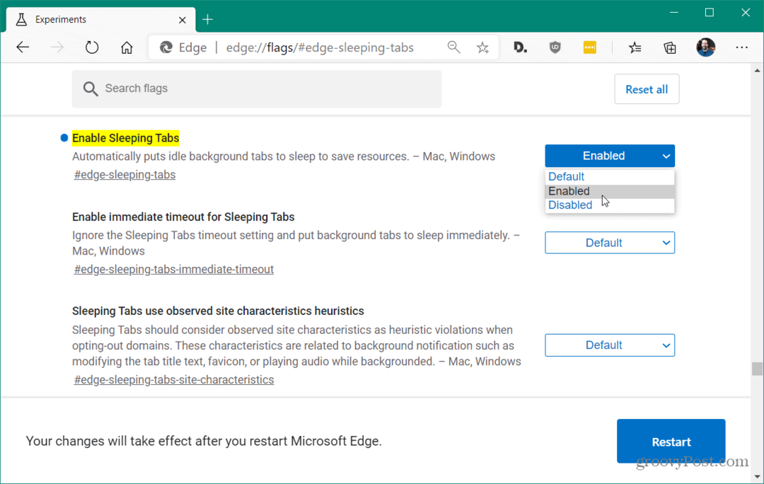 Hoe slaaptabbladen in Microsoft Edge in te schakelen