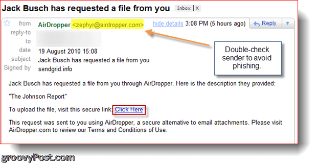 AirDropper Dropbox - E-mail waarin het bestand wordt opgevraagd