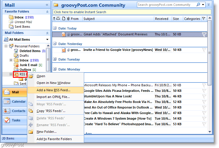 Screenshot Microsoft Outlook 2007 Nieuwe RSS-feed toevoegen