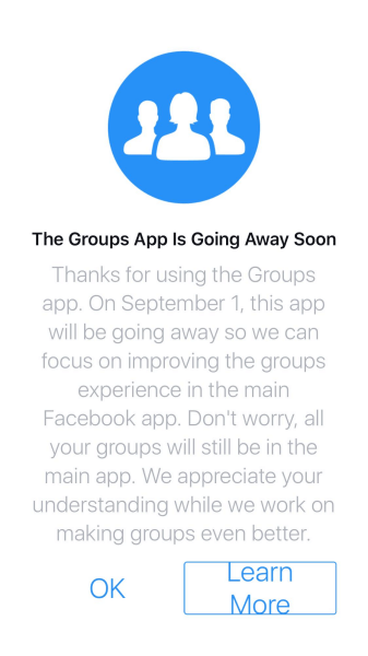 Facebook stopt de Groups-app voor iOS en Android na 1 september 2017.