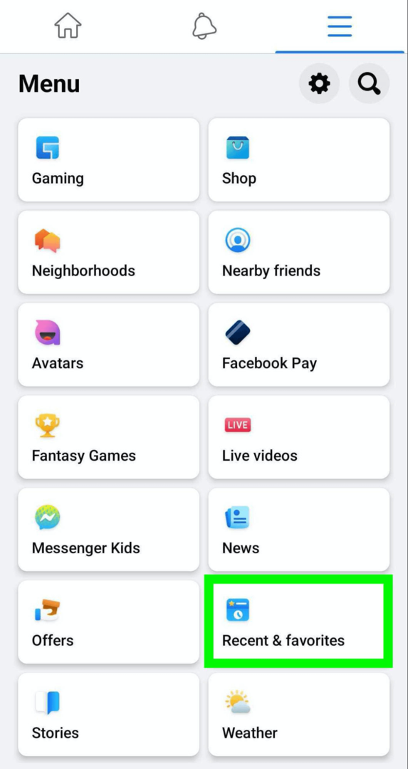 afbeelding van Facebook-menu met de optie Recents & Favorieten