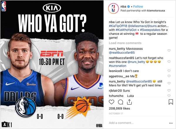 De NBA werkte samen met sponsor Kia Motors om aan het begin van het seizoen op Instagram gametickets weg te geven.
