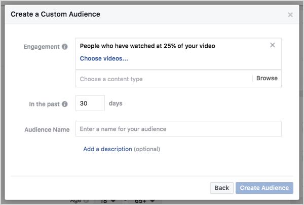 Aangepast Facebook-publiek op basis van videoweergaven in 30 dagen.