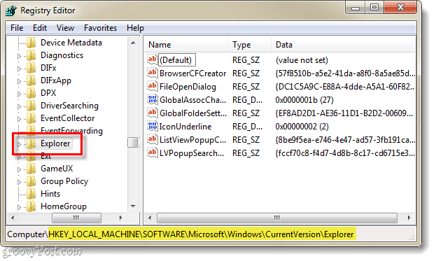 zoek de registersleutel met betrekking tot de huidige versie van explorer in het register van windows 7
