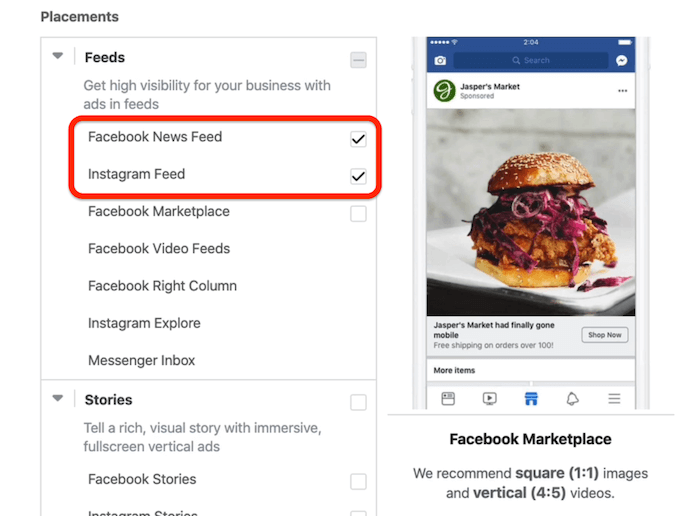 Plaatsingen op Facebook-nieuwsfeed en Instagram-feed geselecteerd op advertentiesetniveau in Facebook Ads Manager