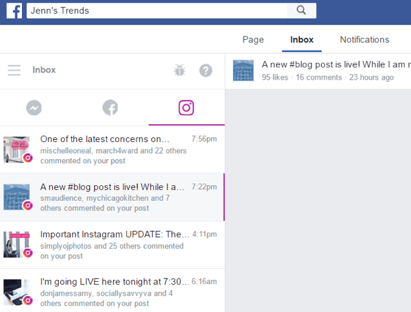 Open op het bureaublad de inbox op je Facebook-pagina en klik op het tabblad Instagram om reacties op je berichten te zien.