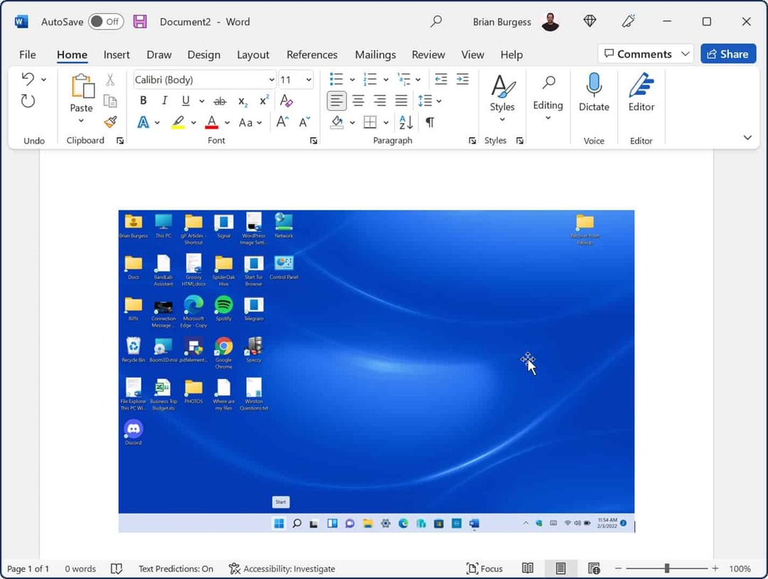 Plak screenshot Microsoft Word