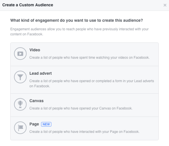 Met Facebook kun je vier op engagement gebaseerde aangepaste doelgroepen maken.