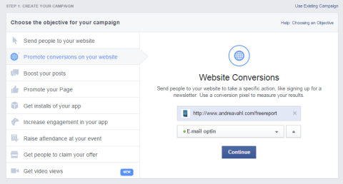 conversie-opties voor Facebook-websites