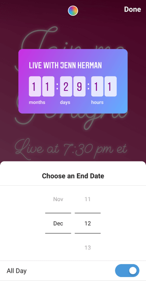 Hoe de Instagram Countdown-sticker voor bedrijven te gebruiken, stap 3: einddatum aftellen.