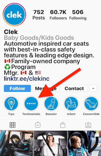 Instagramverhalen hoogtepunten album voor getuigenissen op Clek bedrijfsprofiel