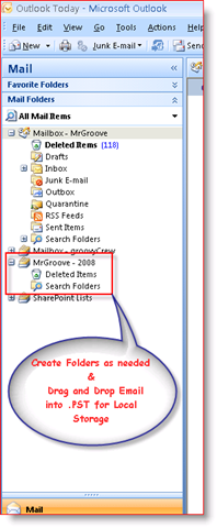 Inbox van Outlook 2007 met .PST-gegevensbestand in navigatiedeelvenster:: groovyPost.com