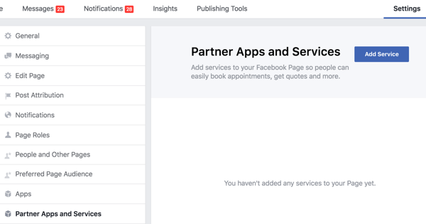 Klik op Partner-apps en -services in de instellingen van uw Facebook-pagina.