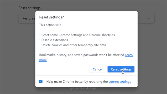 Instellingen resetten Chrome-bevestiging