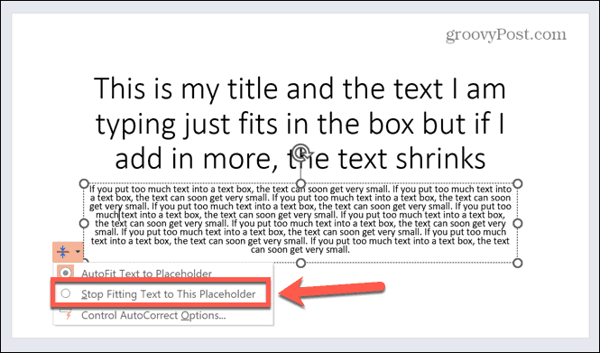 powerpoint stopt met het aanpassen van tekst aan de tijdelijke aanduiding