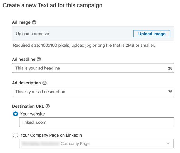 Hoe u een LinkedIn-tekstadvertentie maakt, stap 12, instellingen voor advertentietekst