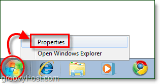start menu-eigenschappen in Windows 7