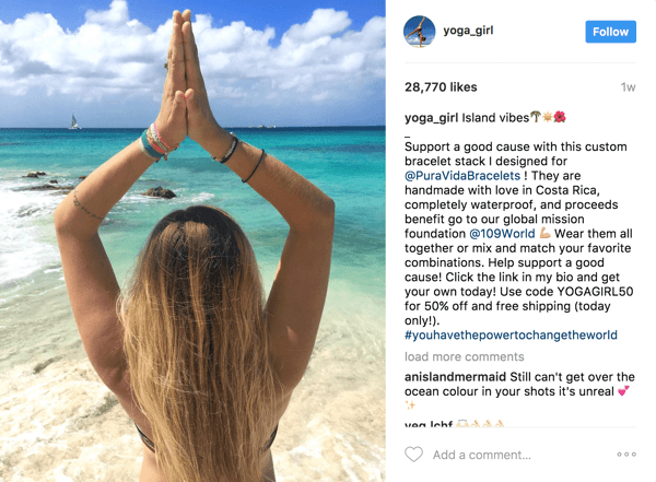 In deze betaalde influencer-post kon Pura Vida de 2,1 miljoen volgers van Rachel Brathen (yoga_girl) gebruiken en de ROI bijhouden via een exclusieve kortingsbon.