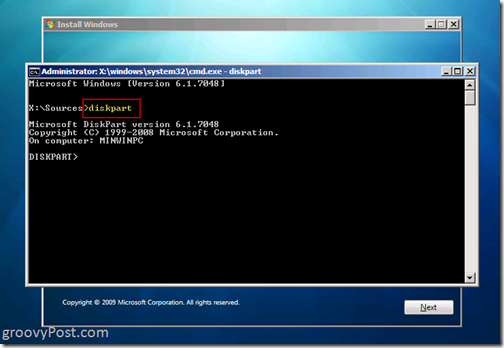 Windows 7 Native VHD Installeer Dual Boot Launch Diskpart 6.1.7048 vanaf CMD Prompt om een ​​VHD-bestand te bouwen
