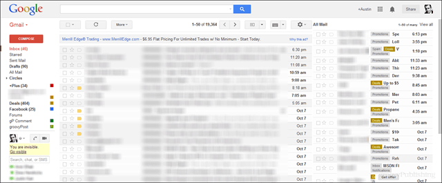 voorbeeld screenshot van gmail met alle e-mail in het 2e paneel aan de rechterkant